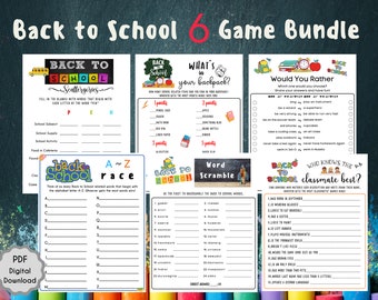 May include: A set of 6 printable back to school games for kids. The games include "Back to School Scattergories", "What's in Your Backpack", "Would You Rather", "Back to School A-Z Race", "Back to School Word Scramble", and "Who Knows the Classmate Best?"