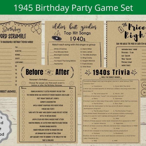 1945 79th Birthday Games Bundle Printable 1945 Games 79th Party Activities Men Women 1940s Anniversary Game, Instant Download,