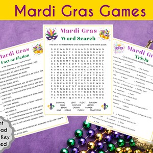 Mardi Gras Games Pack | Mardi Gras Printable Game for Kids & Adults | Fun Mardi Gras Game | Mardi Gras Trivia, Fact or Fiction, Word Search