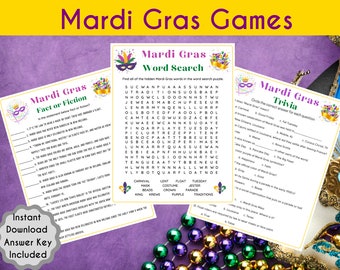 Mardi Gras Games Pack | Mardi Gras Printable Game for Kids & Adults | Fun Mardi Gras Game | Mardi Gras Trivia, Fact or Fiction, Word Search