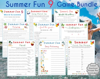 Puede incluir: Un conjunto de nueve juegos de fiesta imprimibles con temática de verano. Los juegos incluyen una búsqueda de palabras, una coincidencia de canciones, ¿preferirías, trivia, encontrar al invitado, categorías dispersas, disputa, pictionary de emojis y terminar la frase. Los juegos están diseñados con un tema tropical colorido y presentan palmeras, piñas y sandías.