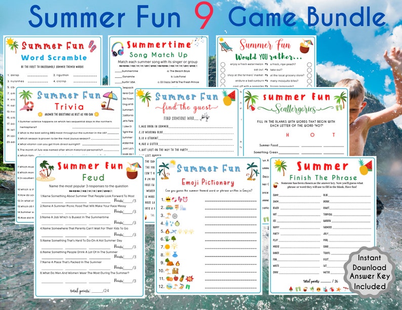 Puede incluir: Un conjunto de nueve juegos de fiesta imprimibles con tem&aacute;tica de verano. Los juegos incluyen una b&uacute;squeda de palabras, una coincidencia de canciones, &iquest;preferir&iacute;as, trivia, encontrar al invitado, categor&iacute;as dispersas, disputa, pictionary de emojis y terminar la frase. Los juegos est&aacute;n dise&ntilde;ados con un tema tropical colorido y presentan palmeras, pi&ntilde;as y sand&iacute;as.