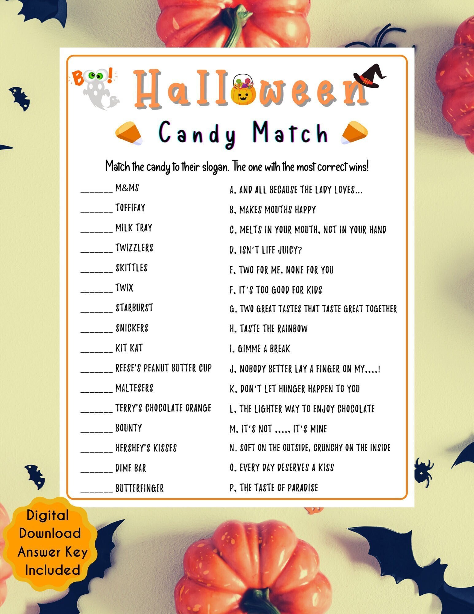 Halloween Candy Match Game Fun Halloween Games Printable PDF Candy ...
