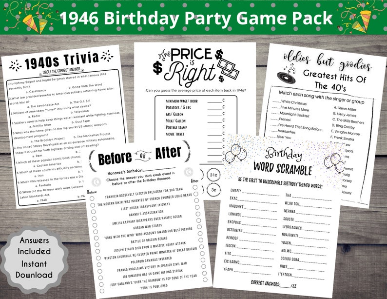 1946 75th Birthday Party Game Set Adult Party Games Born In 1946 Game Bundle 1940s Trivia Printables Price Is Right 1940s Hit Songs Party Supplies Party Favors Games Startfi Io