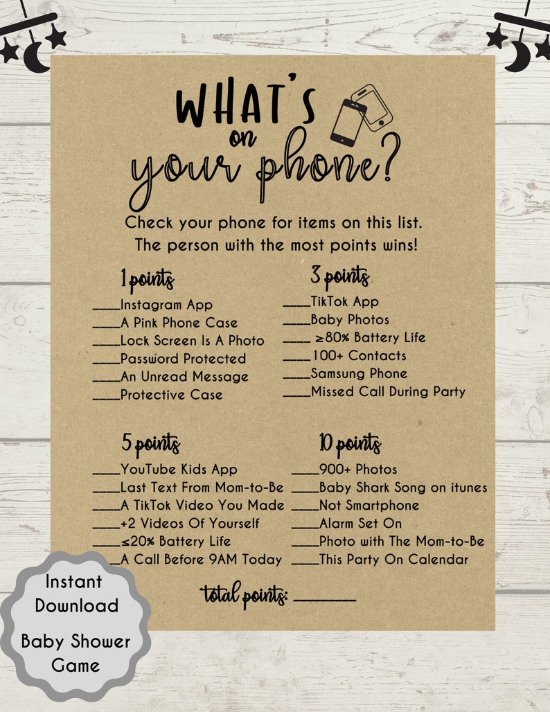 Baby Shower What's On Your Phone Game, Baby Shower, Printables, Baby Shower Activity, Fun game, Baby Shower, Rustic White,Instant Download image 1