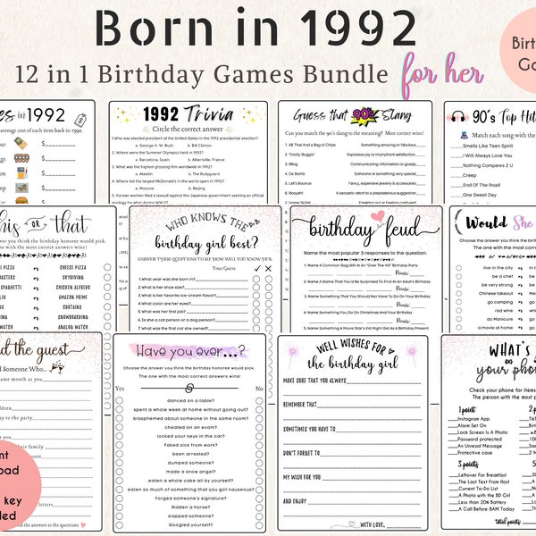 32nd Birthday Printable games for Women, Born in 1992 Games Bundle For Her,  Trivia, 90s Hit songs, Prices in 1992, Birthday Friendly Feud