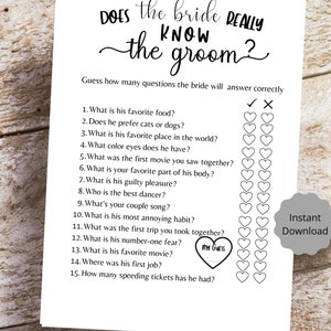 Does The Bride Really Know The Groom Bridal Shower Game, Printable PDF, Bride & Groom Party, Brunch Games, Rustic Minimalist, Newlywed game image 3