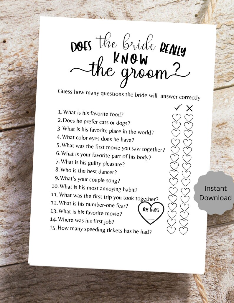 Does The Bride Really Know The Groom Bridal Shower Game, Printable PDF, Bride & Groom Party, Brunch Games, Rustic Minimalist, Newlywed game image 3