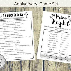 May include: A printable game set for an anniversary party. The game is called "The Price is Right" and asks players to guess the average price of items in 1996. The game also includes a 1990s trivia quiz with questions about pop culture and events from the decade.