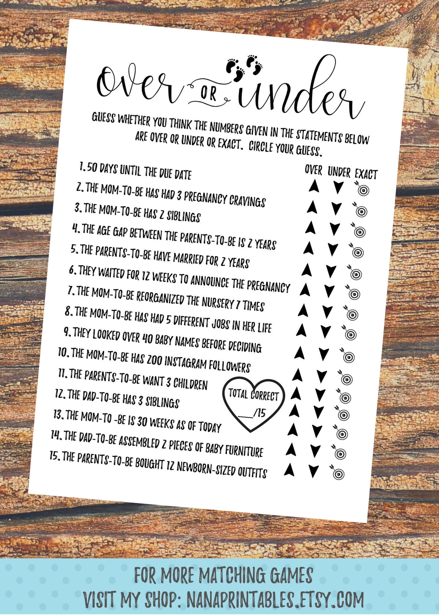 Over or Under Baby Shower Game Printable Baby Shower Games Etsy