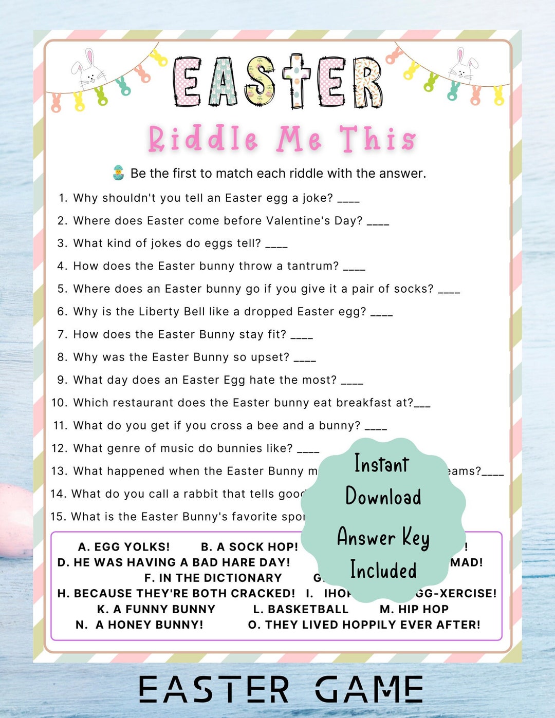 Easter Riddle Me This Game Easter Printable Game for Kids,teens