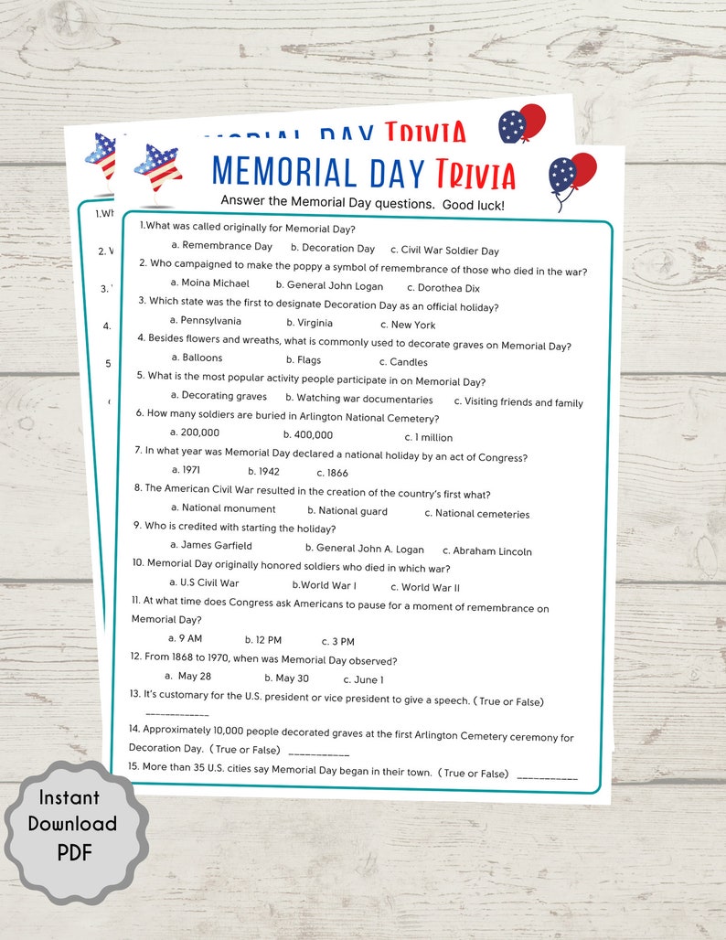 Memorial Day Trivia Game Game for Kids &amp; Adults Memorial Day Party Game Memorial Day Family ...