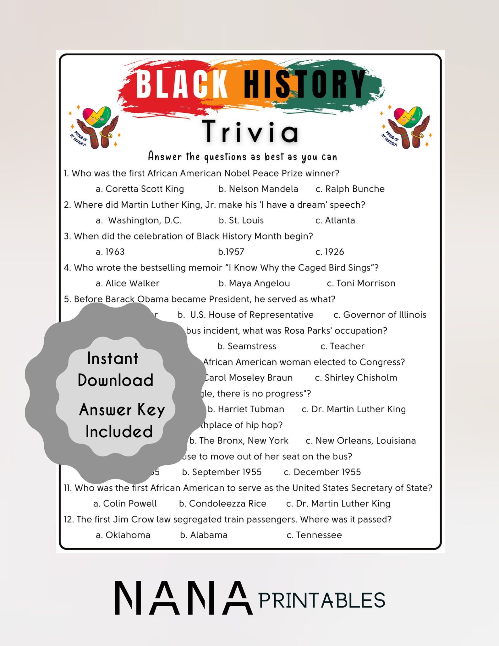 Trivia Qy Black History Month Trivia Game: Fun School Quiz (printable PDF) - Etsy