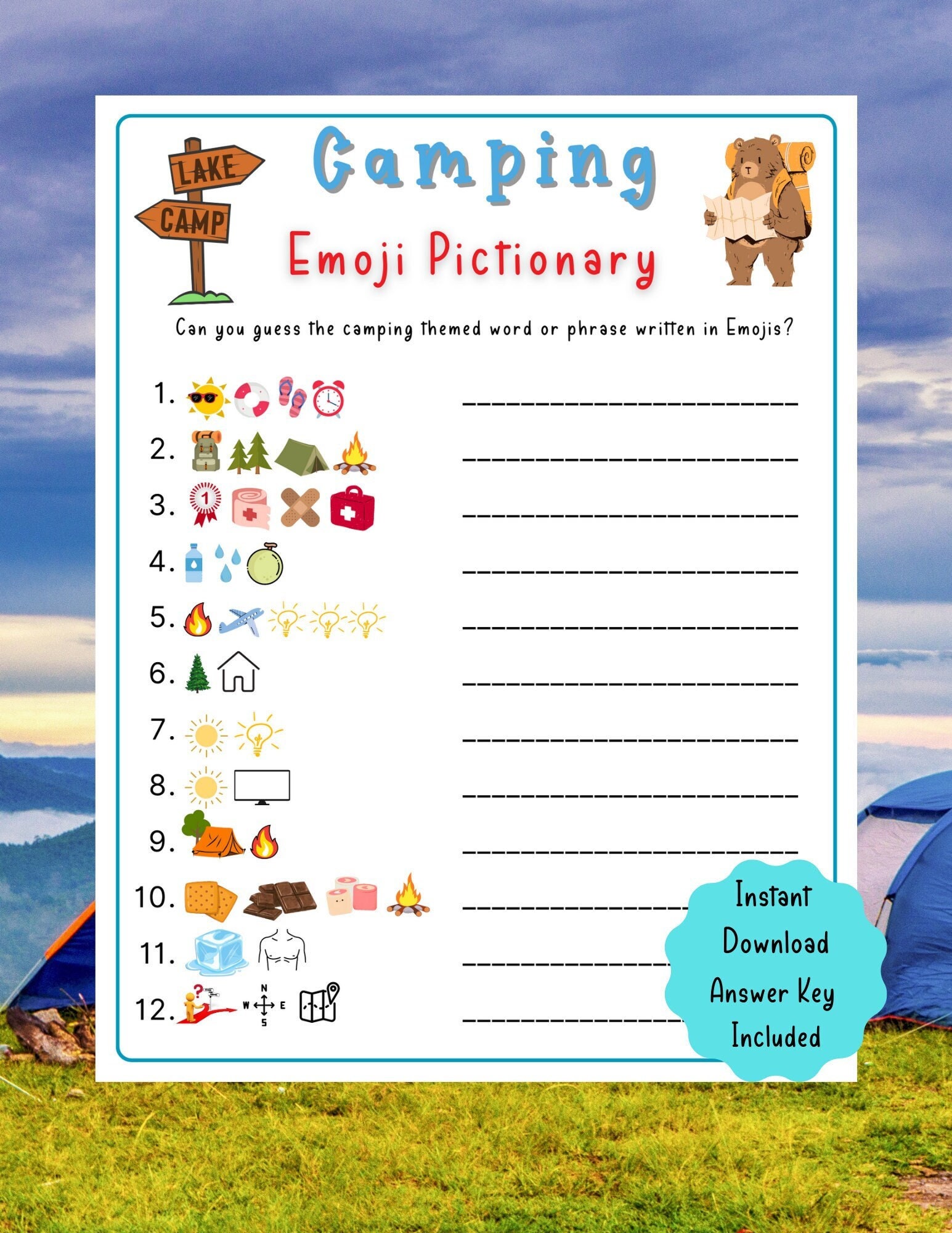 Camping Emoji Pictionary Game Printable Camping Game Etsy México