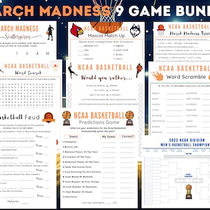Puede incluir: Un paquete de nueve juegos temáticos de baloncesto de la NCAA, que incluyen trivia, búsquedas de palabras y juegos de predicción. El título "March Madness" se muestra en la parte superior, con varios títulos e instrucciones del juego.