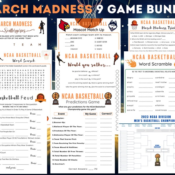 2023 March Madness Basketball Game Bundle | Basketball Trivia | Sports Party Games | Printable Basketball Games | Zoom Game | NCAA College