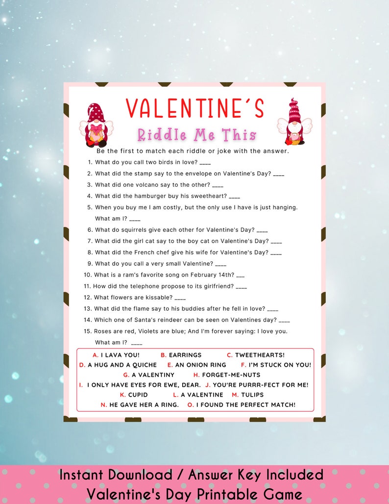Fun Valentine's Day Riddle Me This Game Valentine's Quiz Valentines Printable Game for Kids