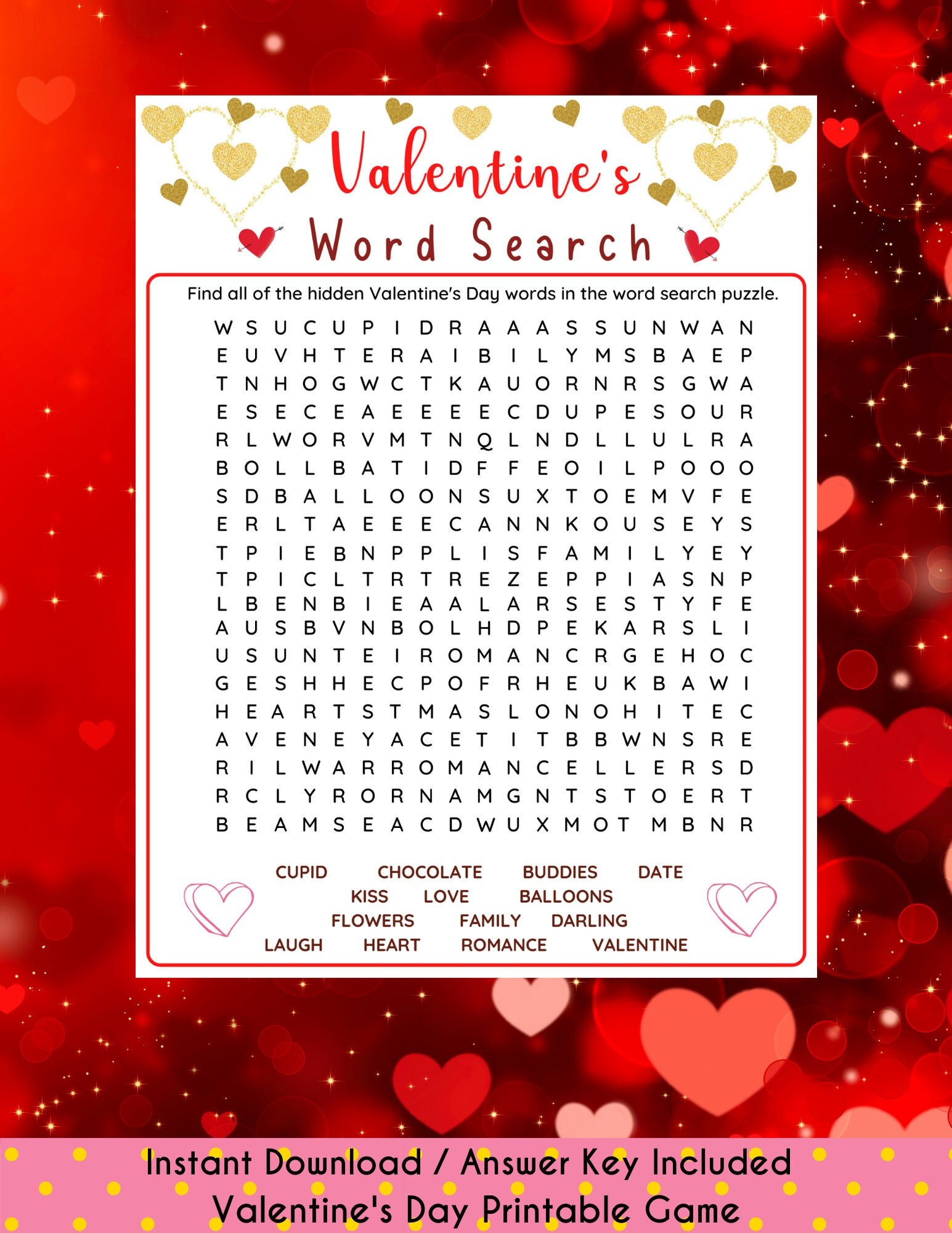 Valentine's Day Word Search Game Valentine's Day - Etsy