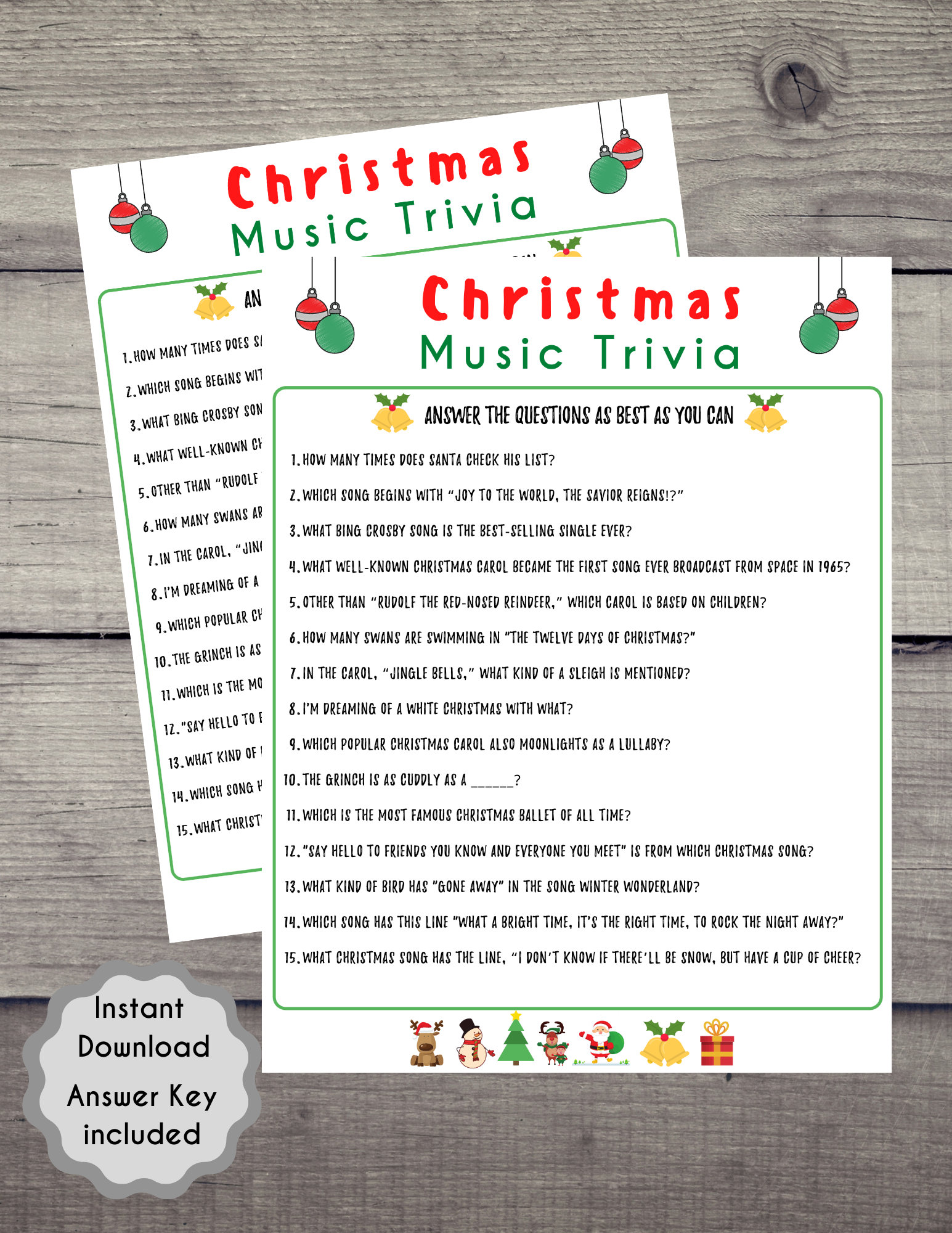 Christmas Music Trivia Game Holiday Party Printable (instant Download