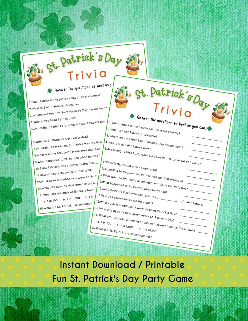 St. Patrick's Day Trivia Game St. Patrick's Day Game for Kids & Adults St. Patrick's Fun Party Game St. Patrick's Classroom Activity image 2