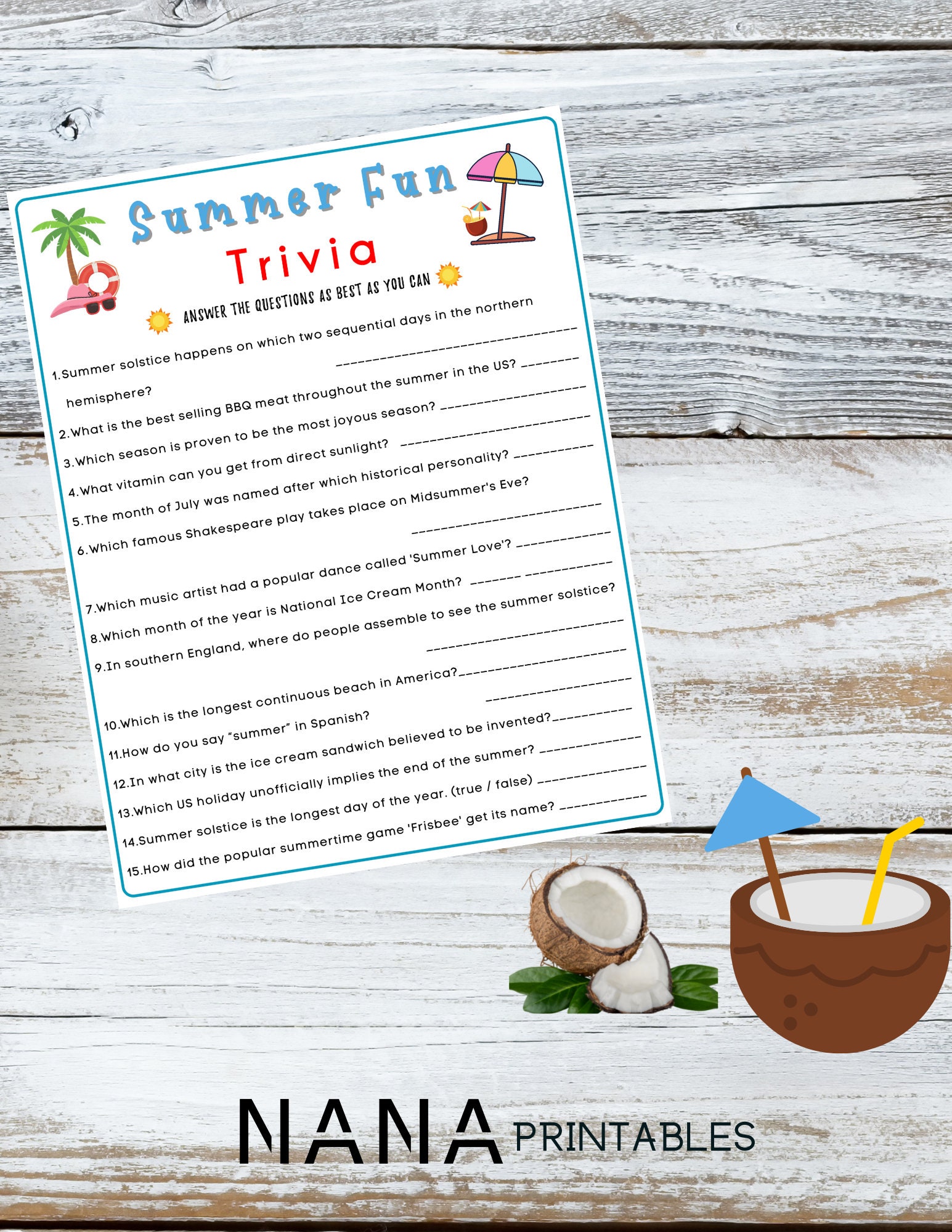 Summer Fun Trivia Game Summertime Game Summer Party Game Printable Game