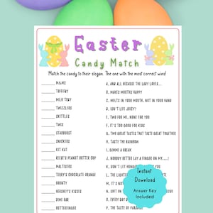 May include: A printable Easter candy match game with a pink and green background. The game features a list of popular candies and their corresponding slogans. The game is designed for players to match the candy to its slogan. An instant download option is included.