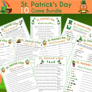May include: A printable St. Patrick's Day game bundle with 10 different games, including word search, trivia, would you rather, riddle me this, fact or fiction, word scramble, feud, what's on your phone, leprechaun hunt, and emoji pictionary.