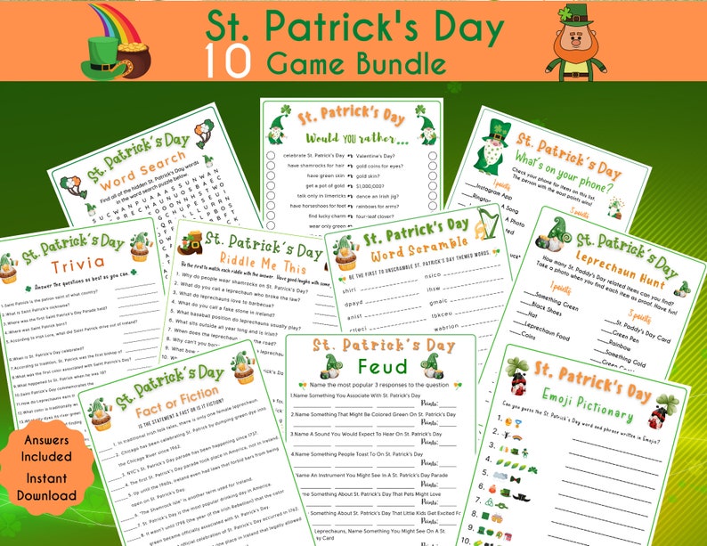May include: A printable St. Patrick's Day game bundle with 10 different games, including word search, trivia, would you rather, riddle me this, fact or fiction, word scramble, feud, what's on your phone, leprechaun hunt, and emoji pictionary.