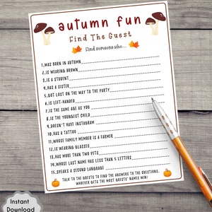 Puede incluir: Una tarjeta de juego imprimible con el t&iacute;tulo "Autumn Fun: Find The Guest". La tarjeta tiene una lista de 15 preguntas para hacer a los invitados en una fiesta, como "Naciste en oto&ntilde;o" y "Tienes m&aacute;s de dos mascotas".