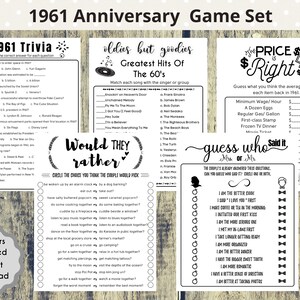 Getrouwd in 1961 64e verjaardag afdrukbare gamesbundel 1961 verjaardag paar 64e minimalistische bruiloftsfeest Games voor hem haar 1961 Quiz