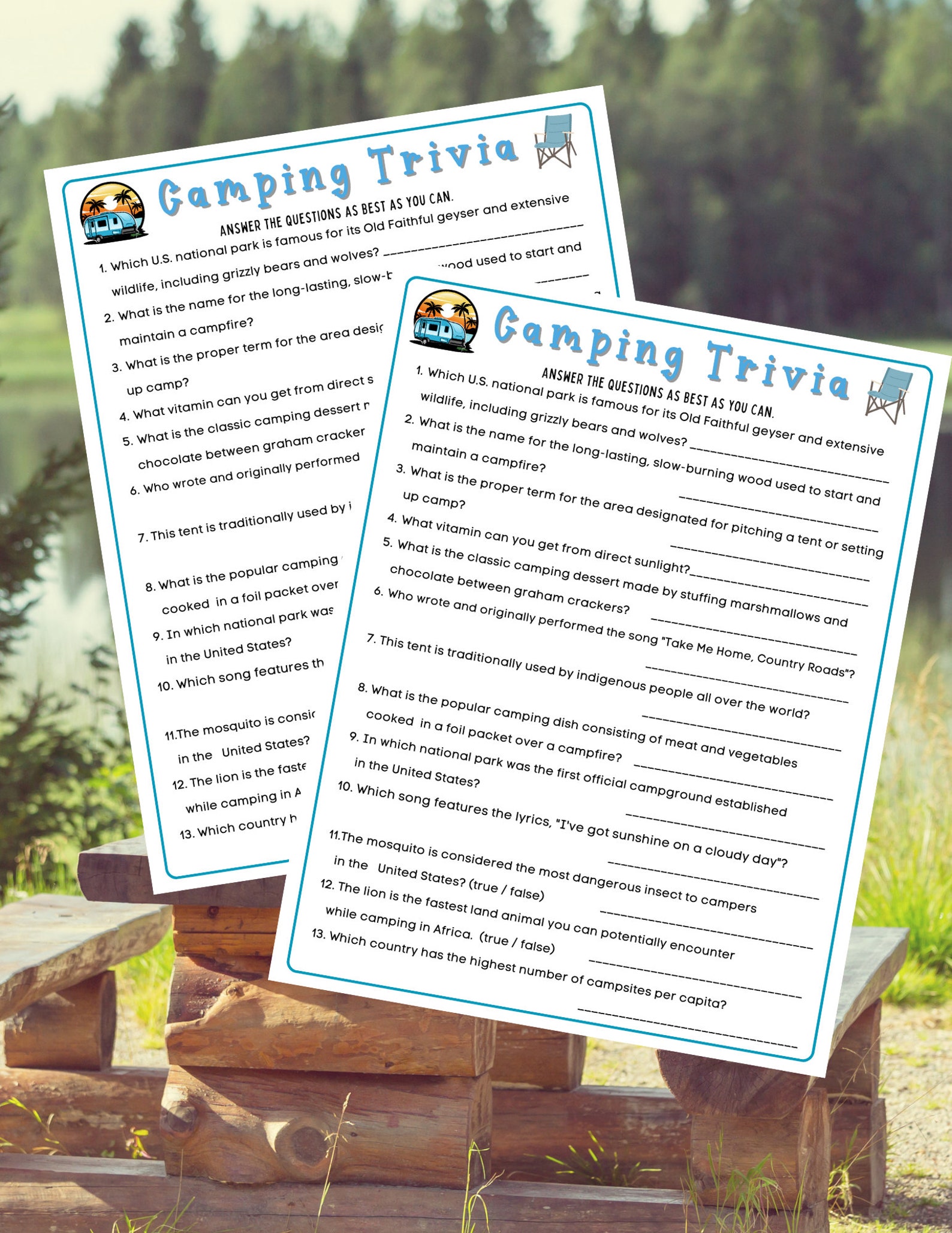 Camping Trivia Game Fun Printable Camping Trivia Game Campsite Game