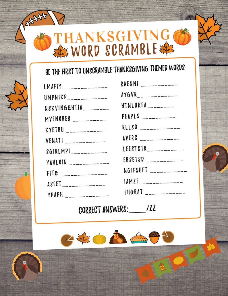 Thanksgiving Word Scramble Game Thanksgiving Turkey Game PDF Etsy