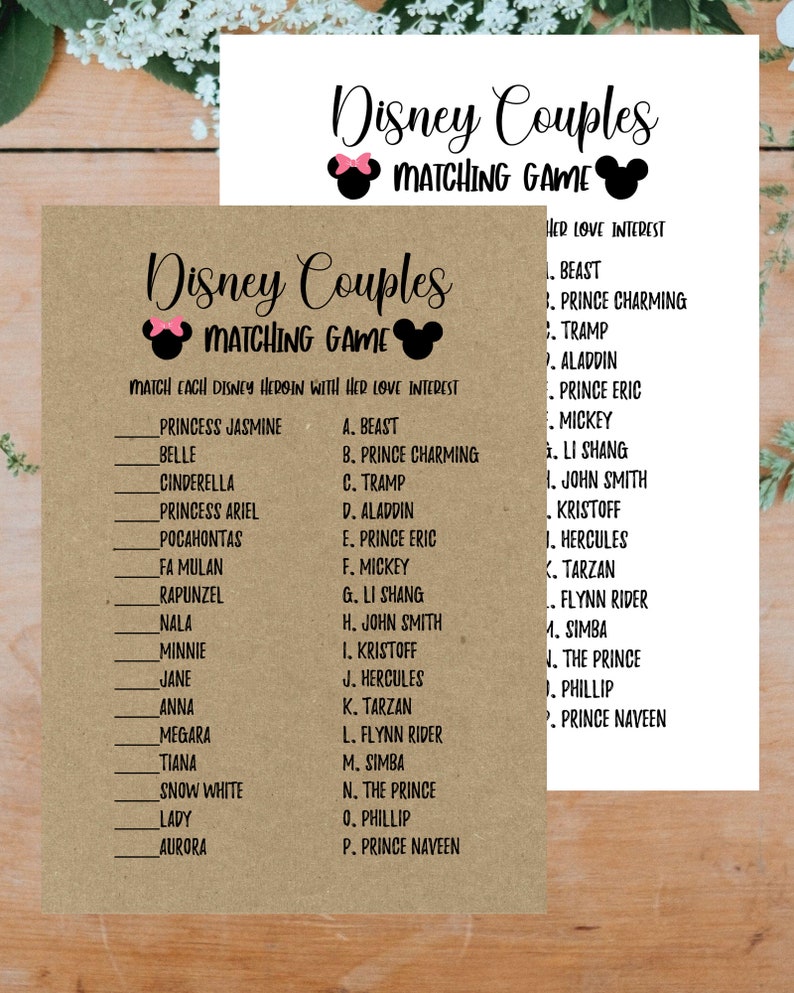 disney couples matching bridal shower game printable pdf