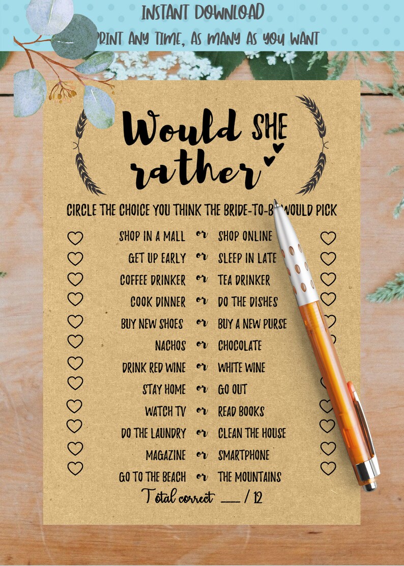Would She Rather Bridal Shower Game Free Printable Would She Rather 