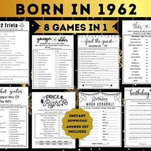 Born in 1962 Birthday Games Bundle 63rd Birthday Party games 1962 Trivia Fun Printable DIGITAL Minimalist Party Game for Her Him Men Woman