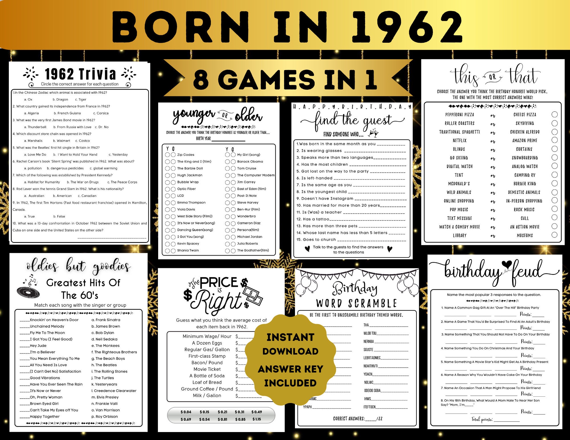 Born in 1962 Birthday Games Bundle 63rd Birthday Party Games 1962 Trivia Fun Printable DIGITAL Minimalist Party Game for Her Him Men Woman - Etsy Israel for 60th Birthday Games Free Printable