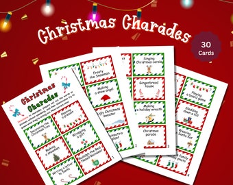 May include: Christmas Charades game cards with festive red, green, and white borders. The cards feature holiday-themed prompts like "Decorating the Christmas tree" and "Singing Christmas carols". The image includes the text "Christmas Charades" and "30 Cards".