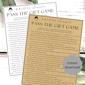 Pass the Gift Game Bridal Shower Printable Game, Kraft rustic bridal shower, instant download, Fun Bridal Shower Party Game, Pass the Prize image 2