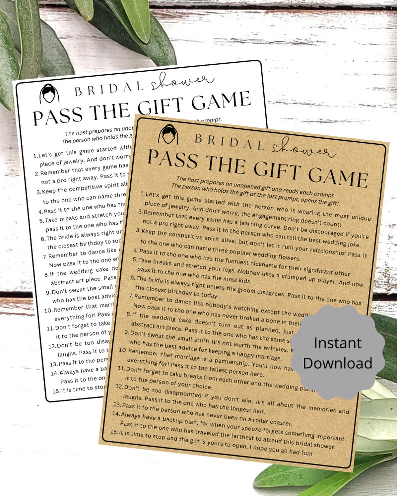 Pass the Gift Game Bridal Shower Printable Game, Kraft rustic bridal shower, instant download, Fun Bridal Shower Party Game, Pass the Prize image 2