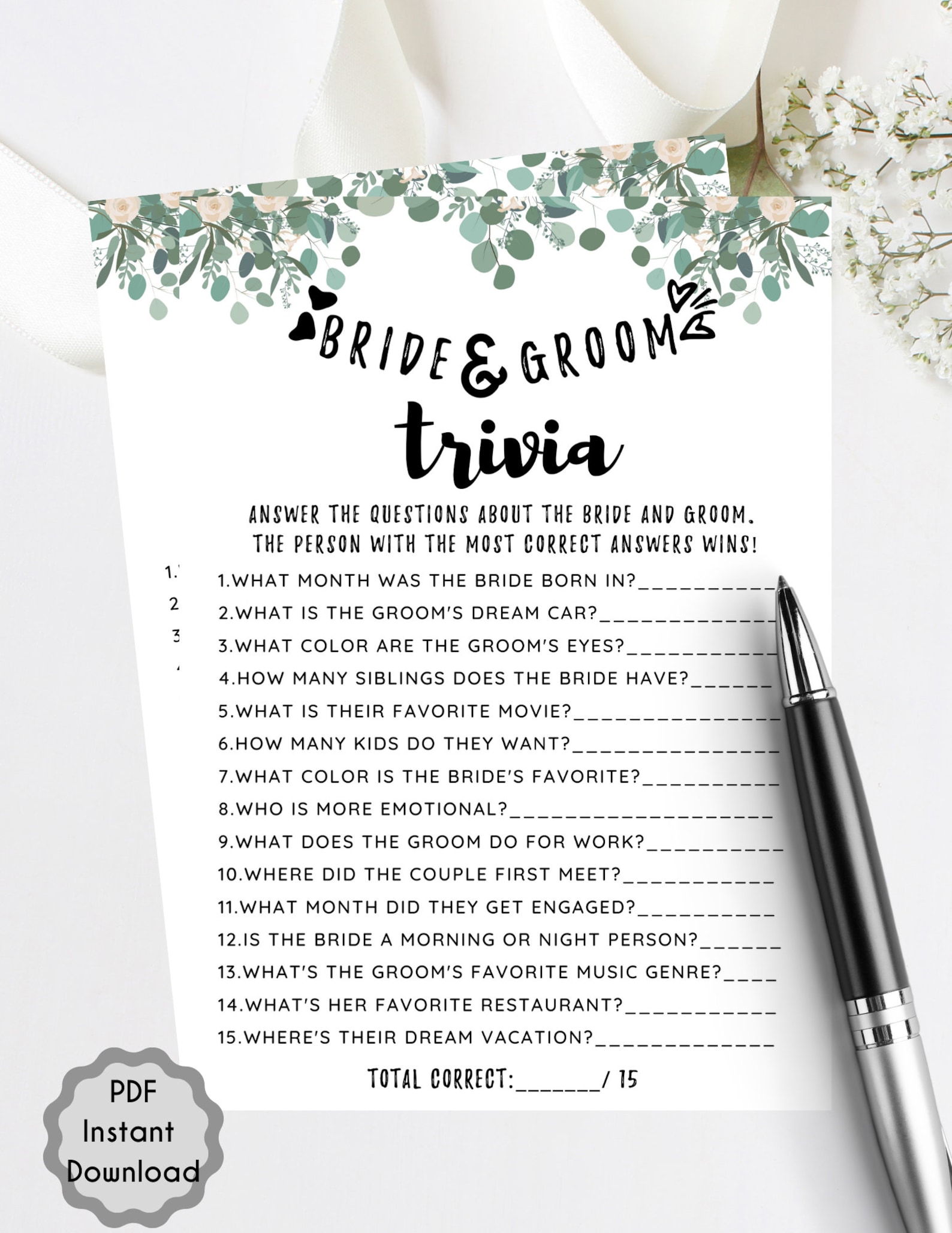 Bride and Groom Trivia Bridal Shower Game L Newlywed Game L Greenery