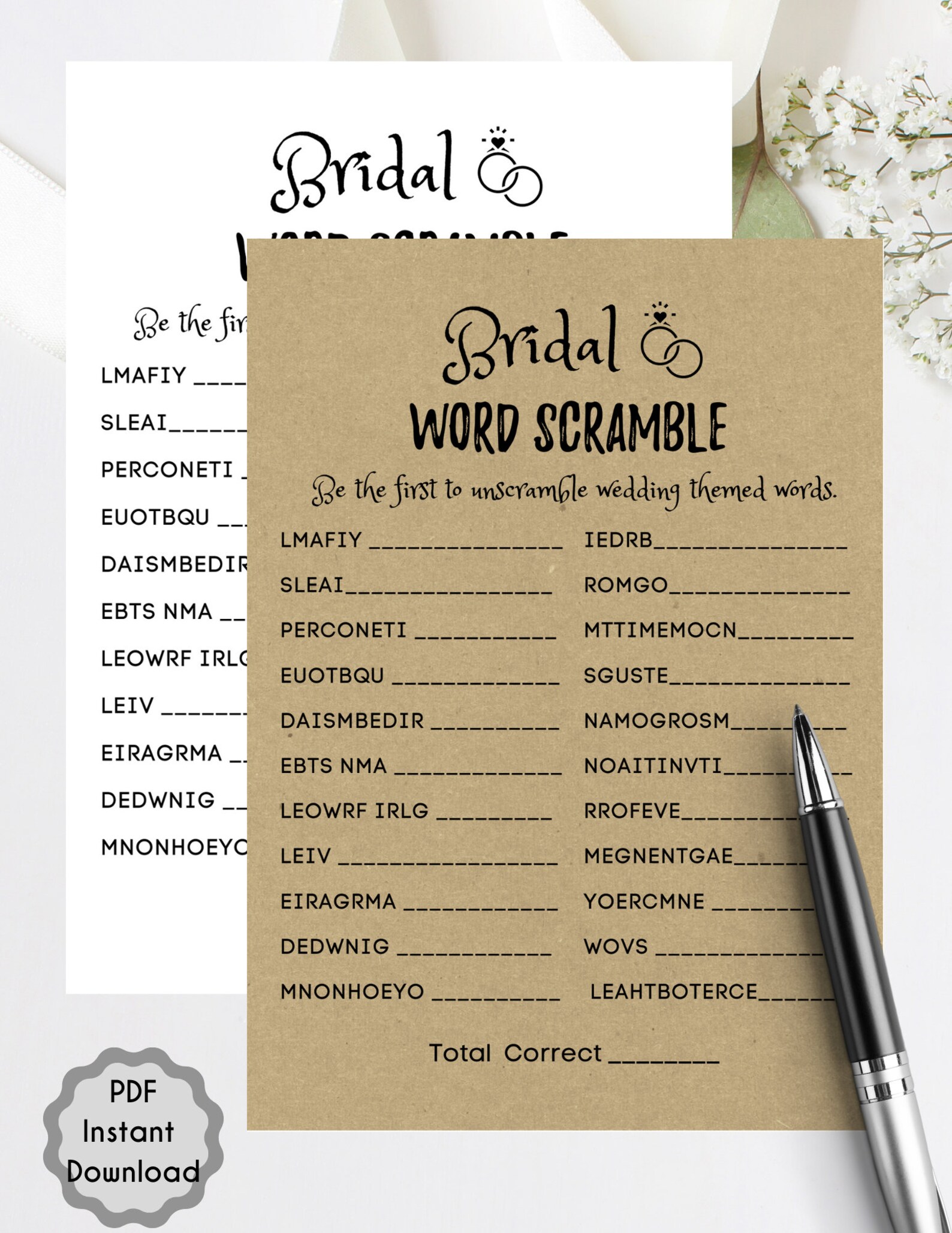 Bridal Word Scramble Game, Bridal Shower Game, Printable, Bride & Groom