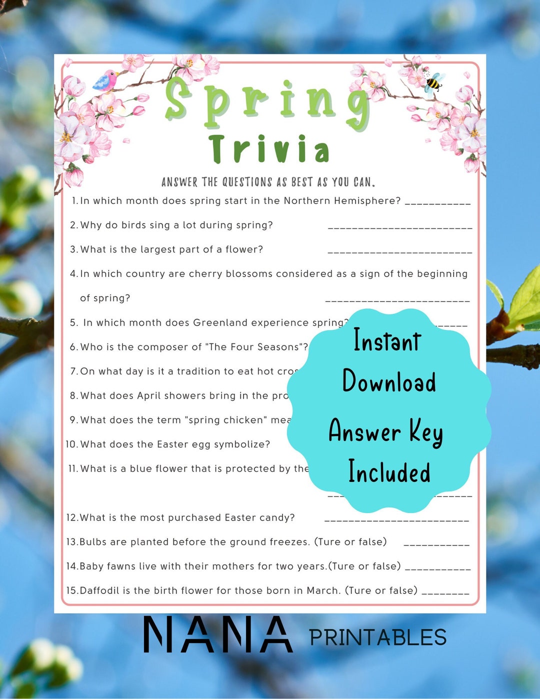 Spring Trivia Printable Game Fun Spring Fact Trivia Party Game Spring