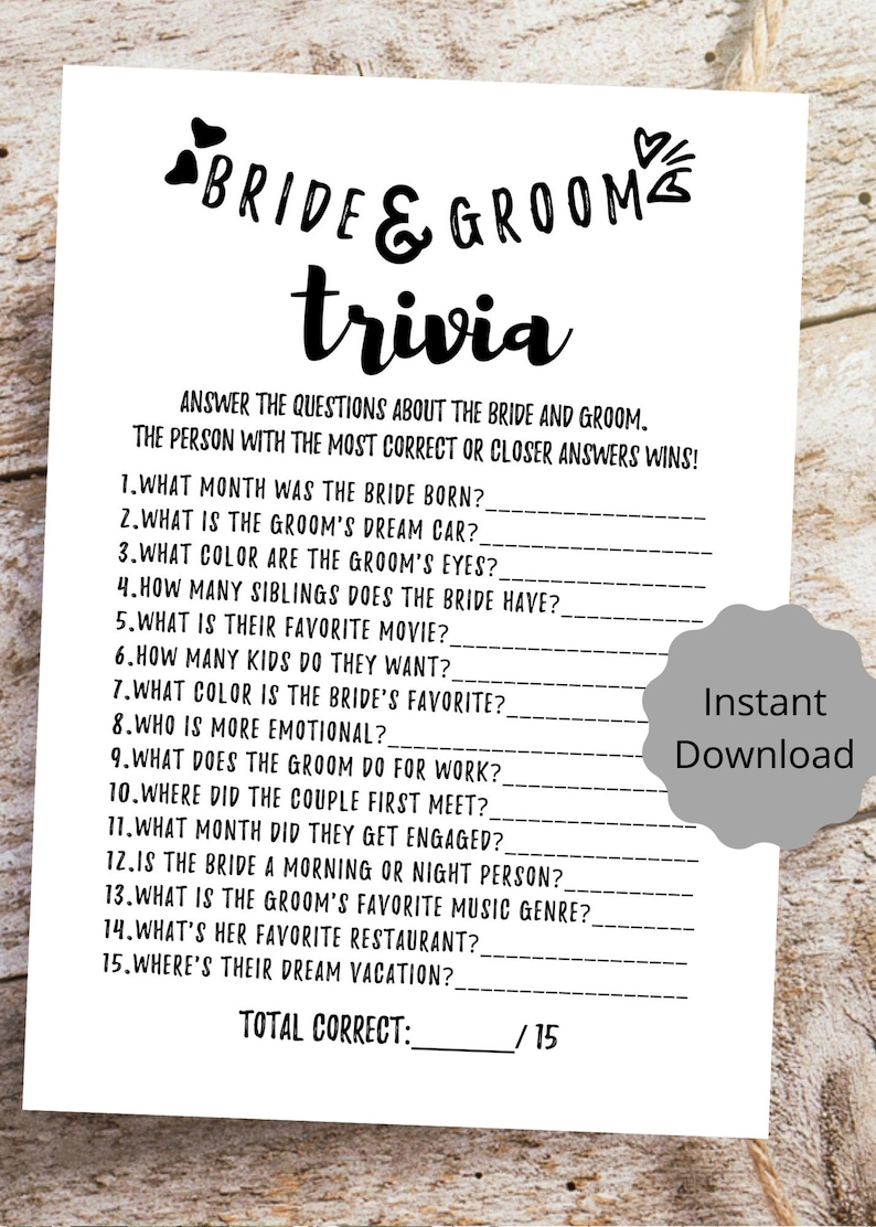 bride and groom trivia bridal shower game printable