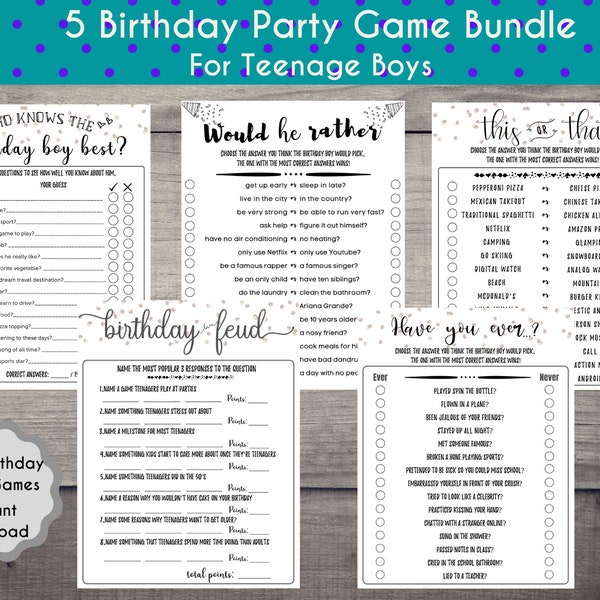 Fun Teen Boys Birthday Game Bundle | Birthday Party Games| Teenage Boys Party Games | Pajama Party | age 12,13,14,15,16,17| Sweet 16 l Tween