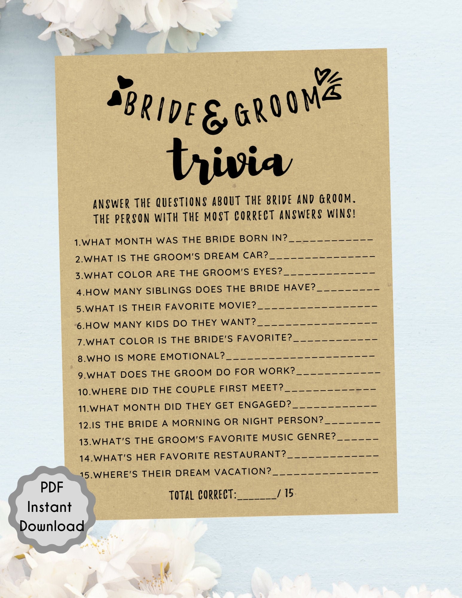 Bride and Groom Trivia Bridal Shower Game, Printable Instant Download, Bride & Groom Party, Fun