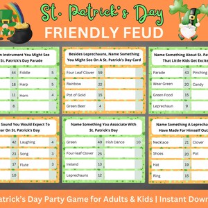 Könnte beinhalten: Ein druckbares St. Patrick's Day Party-Spiel für Erwachsene und Kinder namens "Friendly Feud". Das Spiel enthält 20 Karten mit verschiedenen Kategorien und Fragen zum Thema St. Patrick's Day. Die Karten sind grün und orange mit Kleeblatt-Designs.