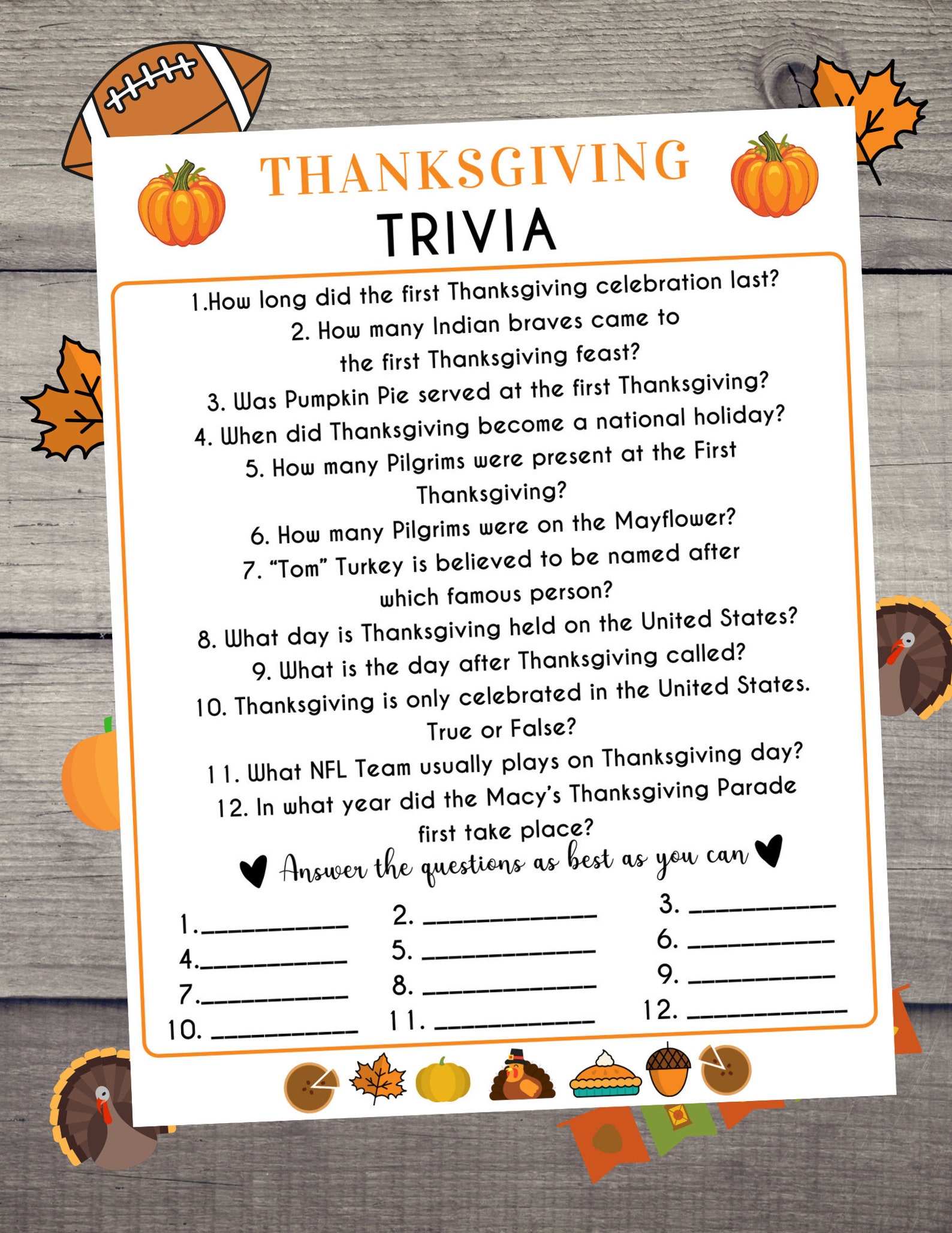 Thanksgiving Trivia Game Thanksgiving Fun Fact Game PDF Etsy