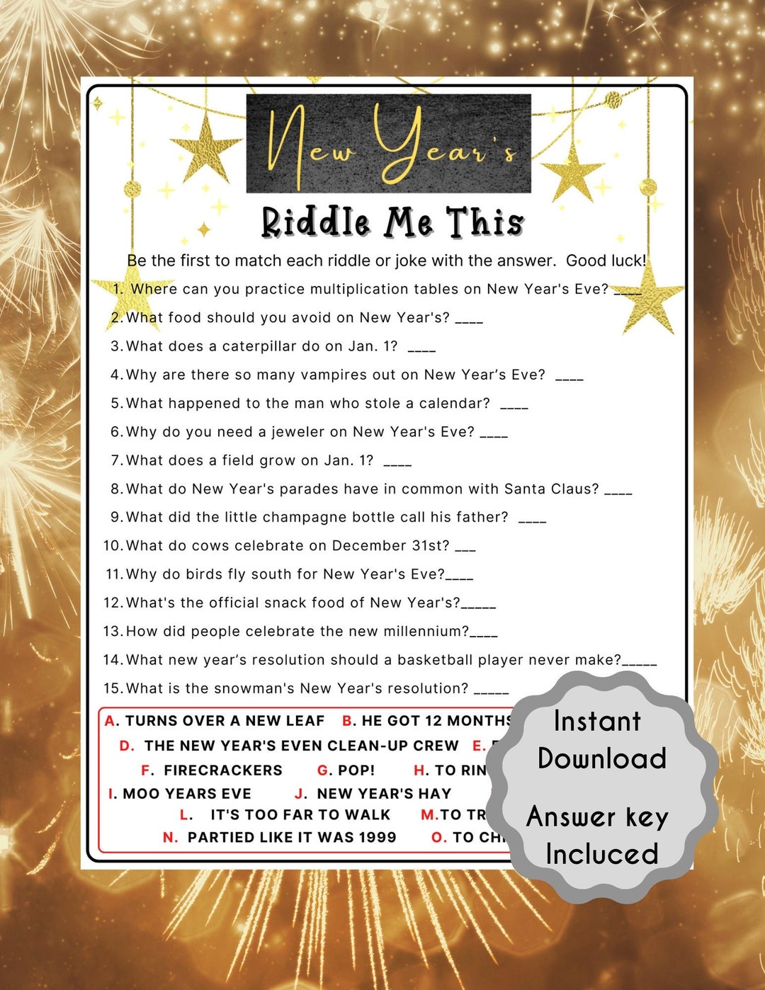 New Years Riddle Me This Game New Years Printable Game Etsy