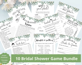 May include: A set of 10 printable bridal shower games with a green and white floral design. The games include "How Old Was the Bride-to-Be?", "Find the Guest", "Bride & Groom Trivia", "What's on Your Phone?", "Bridal Feud", "The Wedding Shoe Game", "Guess Who Bride or Groom", "Who Knows the Bride Best?", "Would She Rather?", and "Well Wishes for the Bride & Groom".