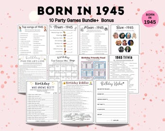 May include: A set of ten printable party games for a 1945-themed birthday party. The games include trivia, bingo, and a pass the gift game. The games are black and white with a simple design.